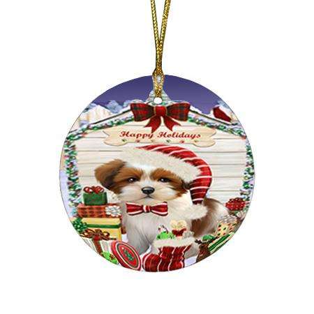 Happy Holidays Christmas Lhasa Apso Dog House with Presents Round Flat Christmas Ornament RFPOR51434