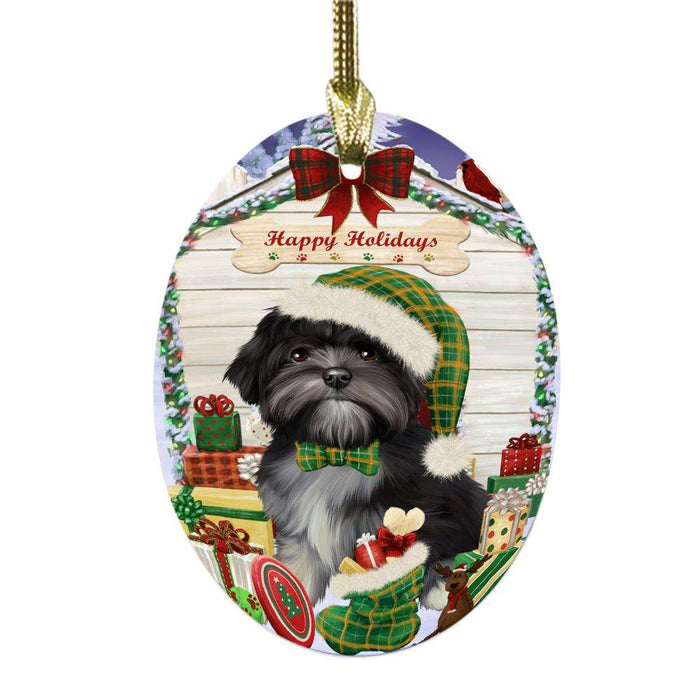 Happy Holidays Christmas Lhasa Apso House With Presents Oval Glass Christmas Ornament OGOR49890
