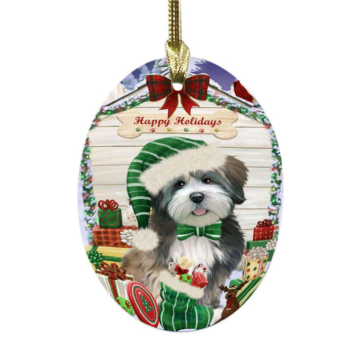 Happy Holidays Christmas Lhasa Apso House With Presents Oval Glass Christmas Ornament OGOR49891