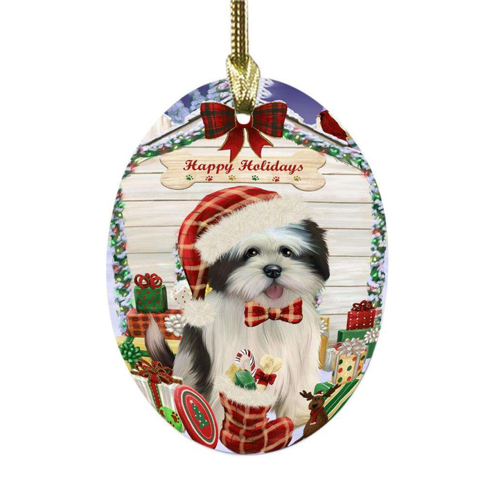 Happy Holidays Christmas Lhasa Apso House With Presents Oval Glass Christmas Ornament OGOR49892