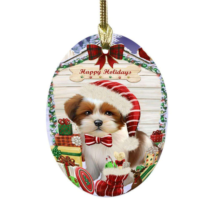 Happy Holidays Christmas Lhasa Apso House With Presents Oval Glass Christmas Ornament OGOR49893