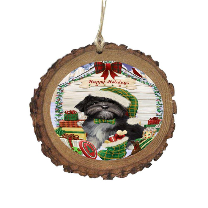 Happy Holidays Christmas Lhasa Apso House With Presents Wooden Christmas Ornament WOR49890