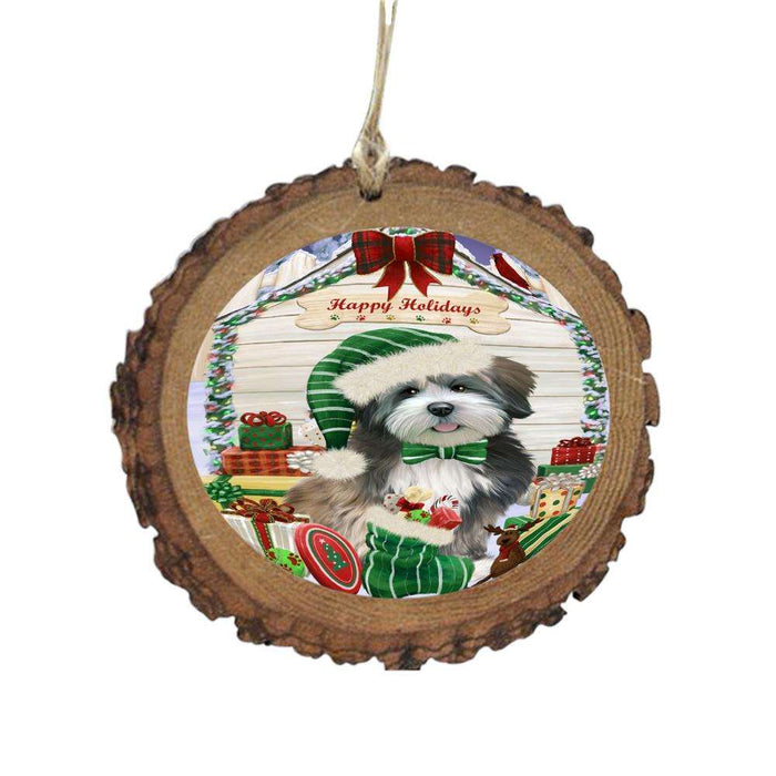 Happy Holidays Christmas Lhasa Apso House With Presents Wooden Christmas Ornament WOR49891