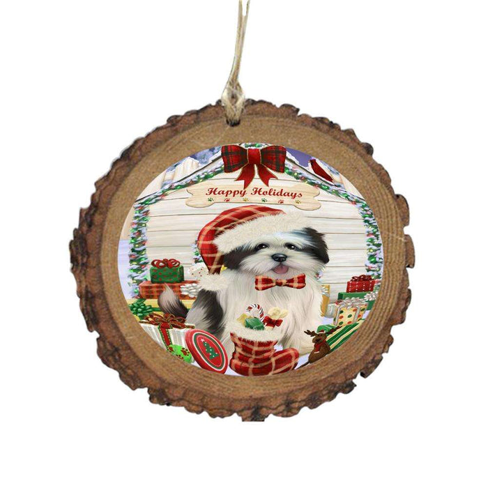 Happy Holidays Christmas Lhasa Apso House With Presents Wooden Christmas Ornament WOR49892