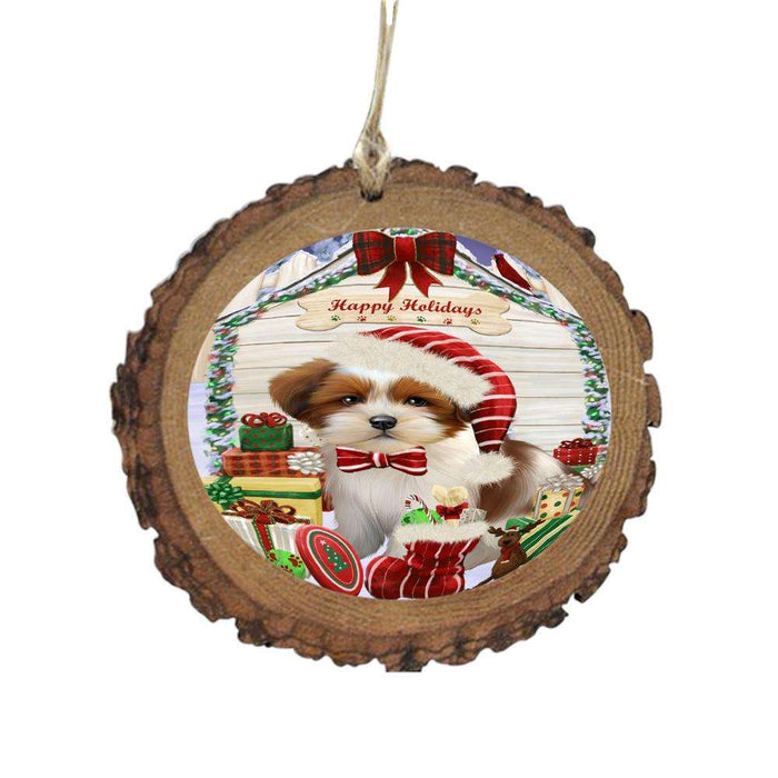 Happy Holidays Christmas Lhasa Apso House With Presents Wooden Christmas Ornament WOR49893