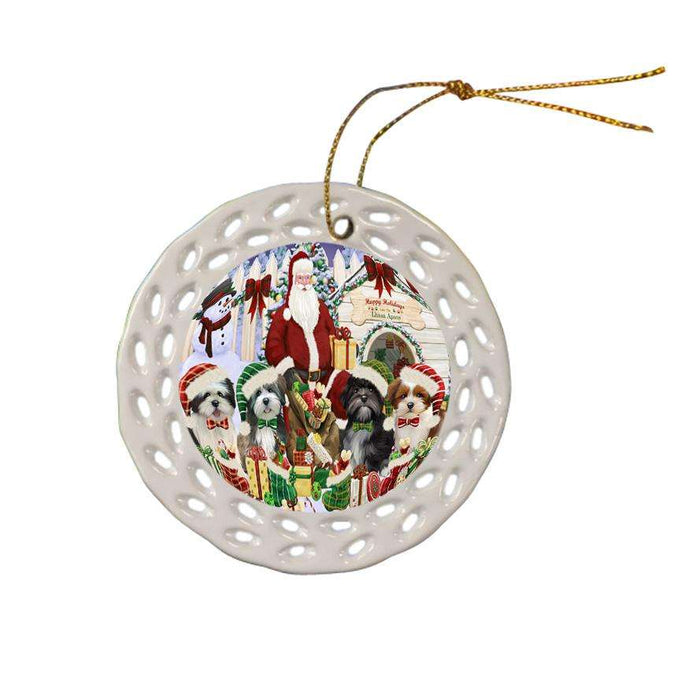Happy Holidays Christmas Lhasa Apsos Dog House Gathering Ceramic Doily Ornament DPOR51458