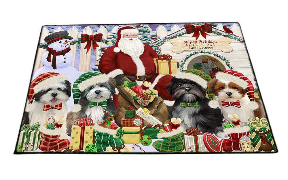 Happy Holidays Christmas Lhasa Apsos Dog House Gathering Floormat FLMS51129