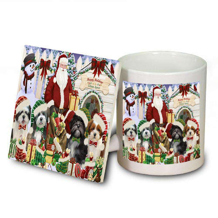 Happy Holidays Christmas Lhasa Apsos Dog House Gathering Mug and Coaster Set MUC51450