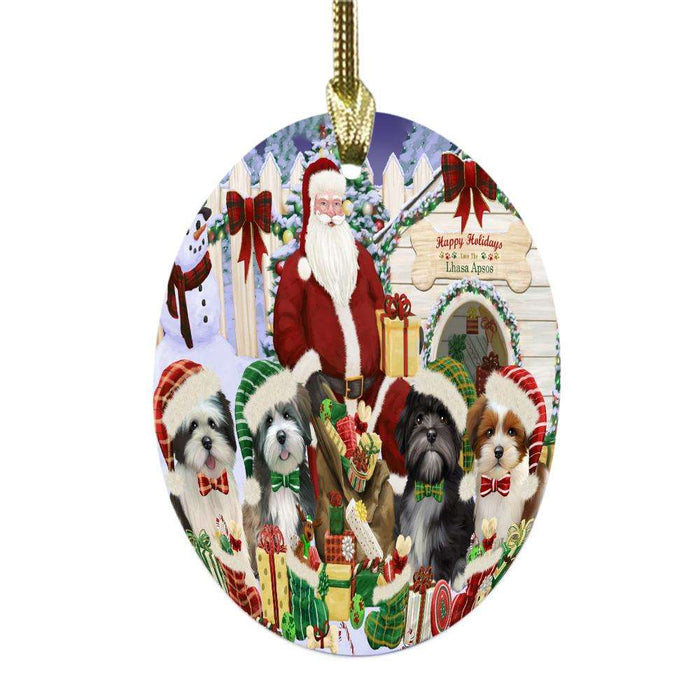 Happy Holidays Christmas Lhasa Apsos Dog House Gathering Oval Glass Christmas Ornament OGOR49709