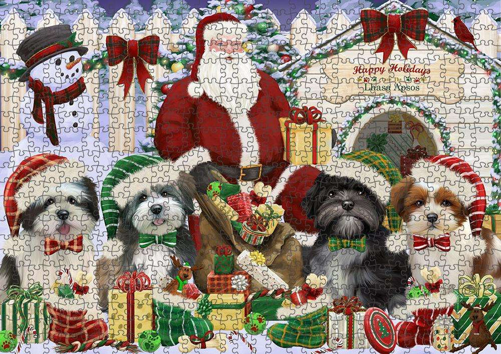 Happy Holidays Christmas Lhasa Apsos Dog House Gathering Puzzle with Photo Tin PUZL58056
