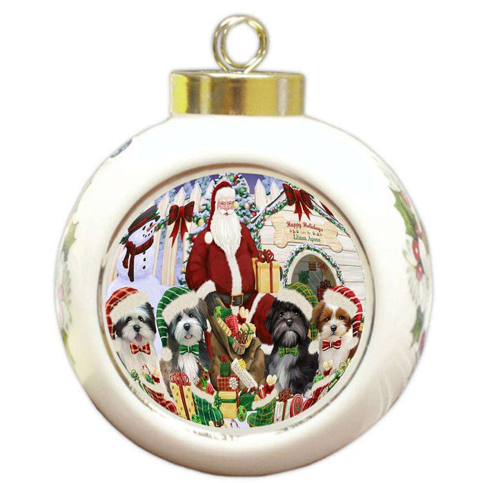 Happy Holidays Christmas Lhasa Apsos Dog House Gathering Round Ball Christmas Ornament RBPOR51458