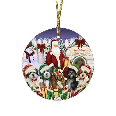 Happy Holidays Christmas Lhasa Apsos Dog House Gathering Round Flat Christmas Ornament RFPOR51449