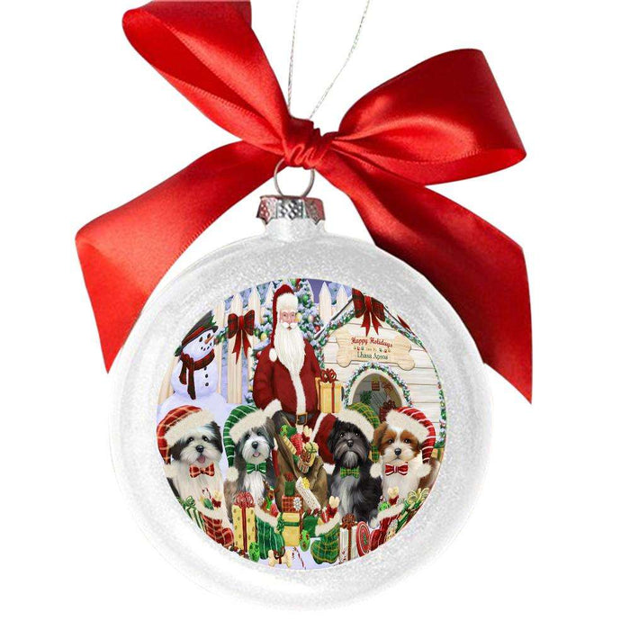 Happy Holidays Christmas Lhasa Apsos Dog House Gathering White Round Ball Christmas Ornament WBSOR49709