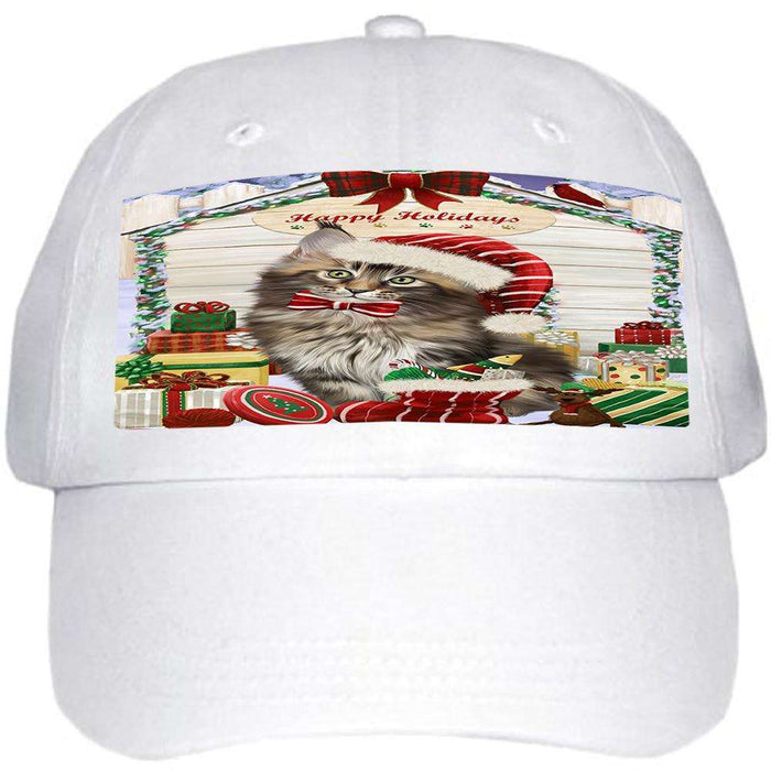 Happy Holidays Christmas Maine Coon Cat With Presents Ball Hat Cap HAT61764