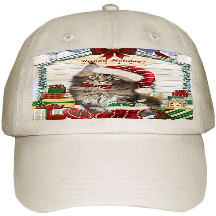 Happy Holidays Christmas Maine Coon Cat With Presents Ball Hat Cap HAT61764