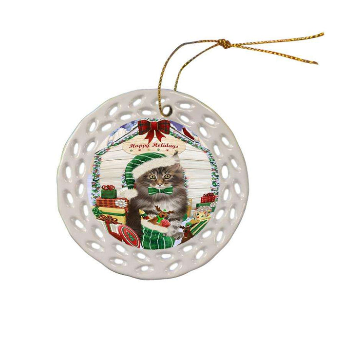 Happy Holidays Christmas Maine Coon Cat With Presents Ceramic Doily Ornament DPOR52675