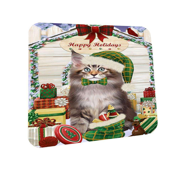 Happy Holidays Christmas Maine Coon Cat With Presents Coasters Set of 4 CST52633