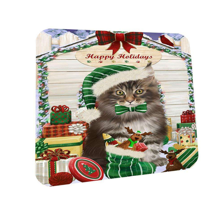 Happy Holidays Christmas Maine Coon Cat With Presents Coasters Set of 4 CST52634