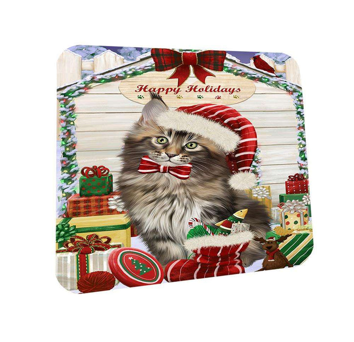 Happy Holidays Christmas Maine Coon Cat With Presents Coasters Set of 4 CST52636