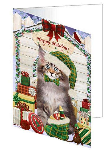Happy Holidays Christmas Maine Coon Cat With Presents Handmade Artwork Assorted Pets Greeting Cards and Note Cards with Envelopes for All Occasions and Holiday Seasons GCD62051