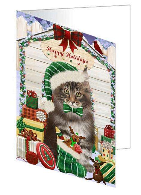 Happy Holidays Christmas Maine Coon Cat With Presents Handmade Artwork Assorted Pets Greeting Cards and Note Cards with Envelopes for All Occasions and Holiday Seasons GCD62054