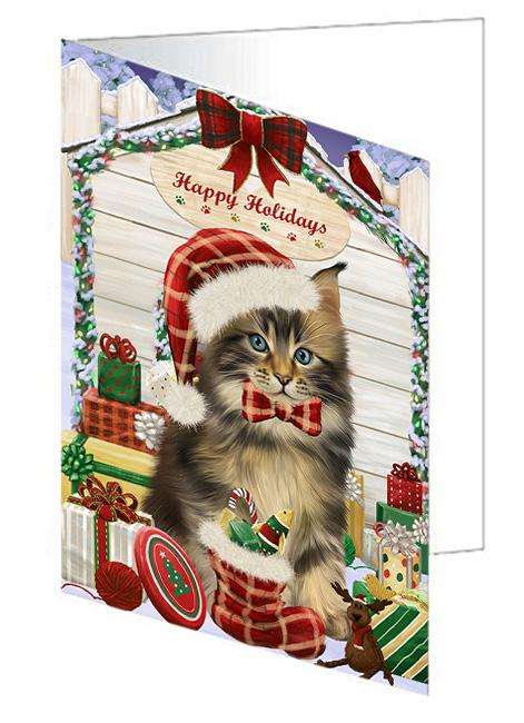 Happy Holidays Christmas Maine Coon Cat With Presents Handmade Artwork Assorted Pets Greeting Cards and Note Cards with Envelopes for All Occasions and Holiday Seasons GCD62057