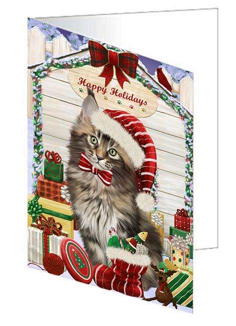 Happy Holidays Christmas Maine Coon Cat With Presents Handmade Artwork Assorted Pets Greeting Cards and Note Cards with Envelopes for All Occasions and Holiday Seasons GCD62060