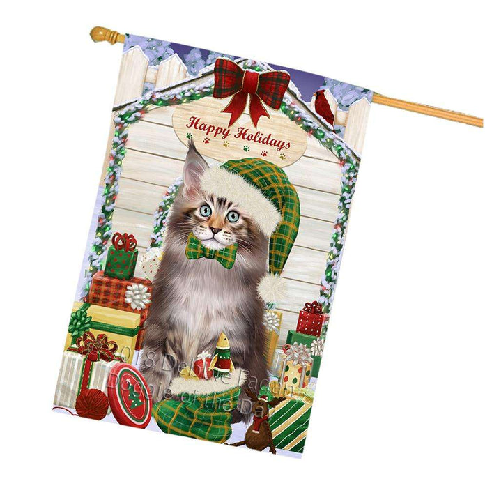 Happy Holidays Christmas Maine Coon Cat With Presents House Flag FLG52755