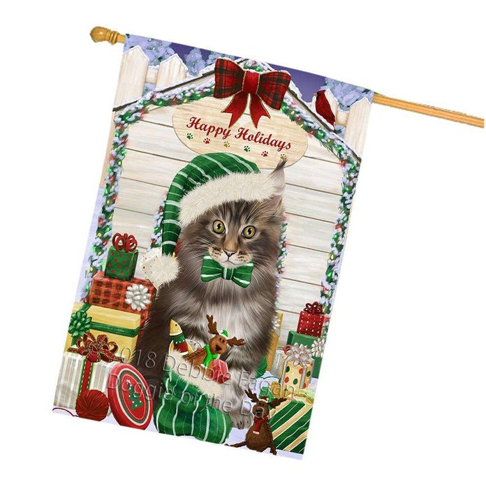 Happy Holidays Christmas Maine Coon Cat With Presents House Flag FLG52756