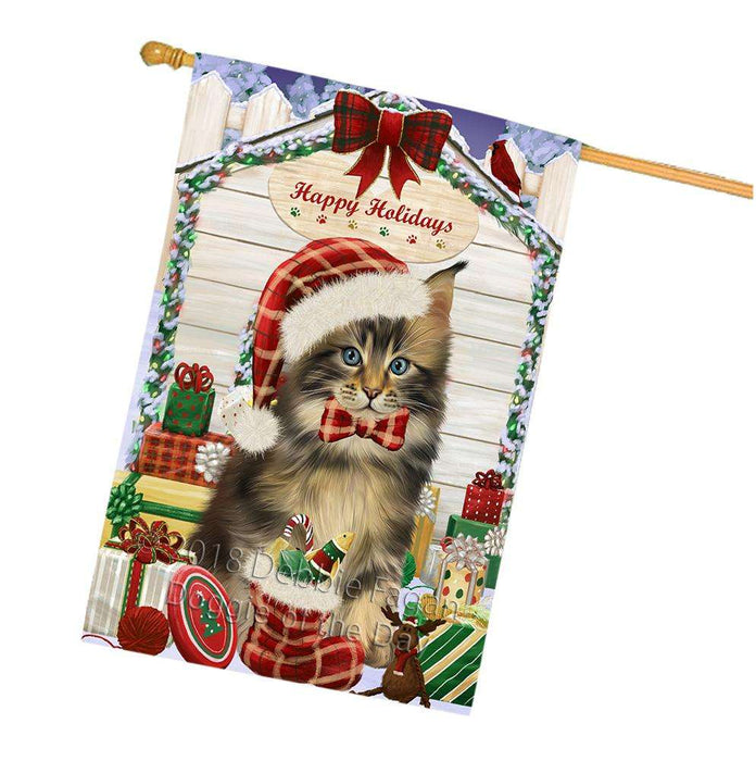 Happy Holidays Christmas Maine Coon Cat With Presents House Flag FLG52757