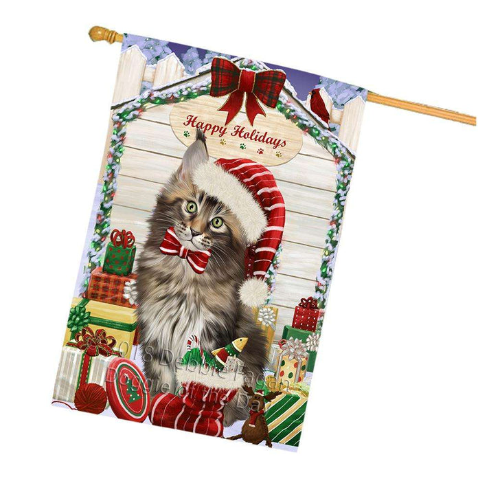 Happy Holidays Christmas Maine Coon Cat With Presents House Flag FLG52758