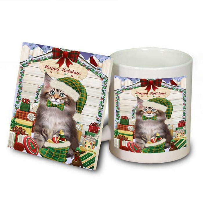 Happy Holidays Christmas Maine Coon Cat With Presents Mug and Coaster Set MUC52666