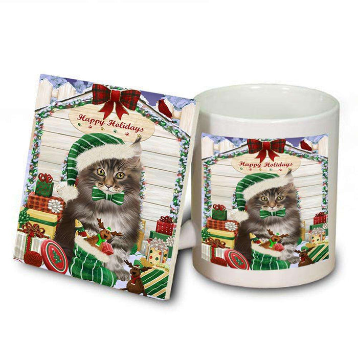 Happy Holidays Christmas Maine Coon Cat With Presents Mug and Coaster Set MUC52667