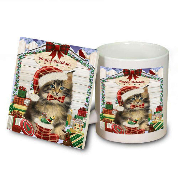 Happy Holidays Christmas Maine Coon Cat With Presents Mug and Coaster Set MUC52668