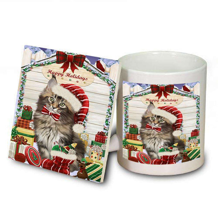 Happy Holidays Christmas Maine Coon Cat With Presents Mug and Coaster Set MUC52669