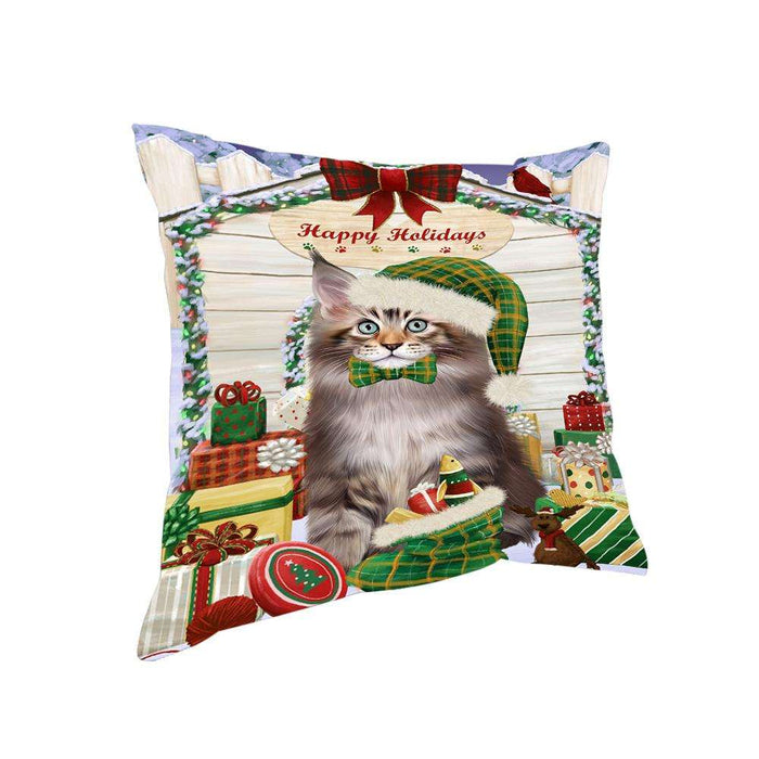Happy Holidays Christmas Maine Coon Cat With Presents Pillow PIL66852