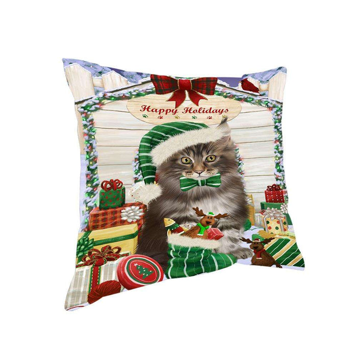 Happy Holidays Christmas Maine Coon Cat With Presents Pillow PIL66856