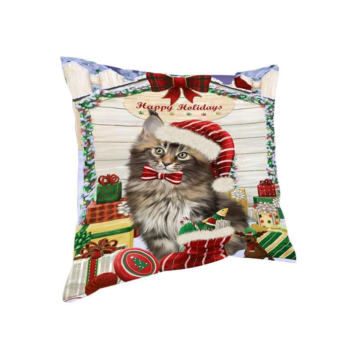 Happy Holidays Christmas Maine Coon Cat With Presents Pillow PIL66864