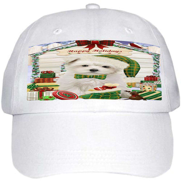 Happy Holidays Christmas Maltese Dog House With Presents Ball Hat Cap HAT60189