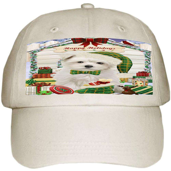 Happy Holidays Christmas Maltese Dog House With Presents Ball Hat Cap HAT60189
