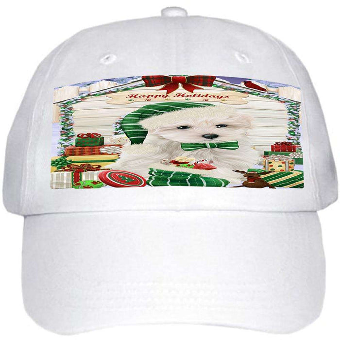 Happy Holidays Christmas Maltese Dog House With Presents Ball Hat Cap HAT60192