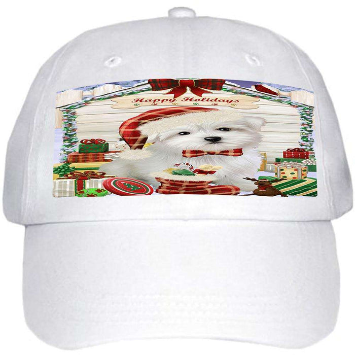 Happy Holidays Christmas Maltese Dog House With Presents Ball Hat Cap HAT60195