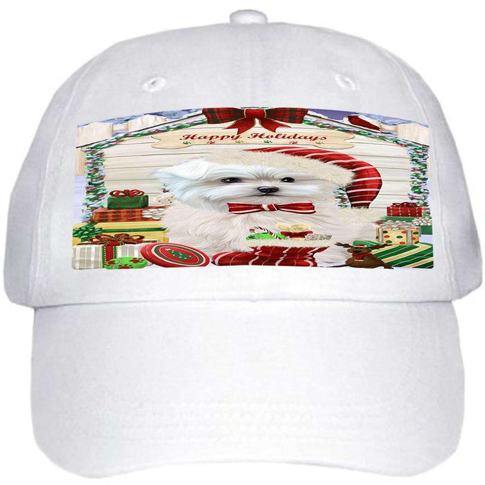 Happy Holidays Christmas Maltese Dog House With Presents Ball Hat Cap HAT60198