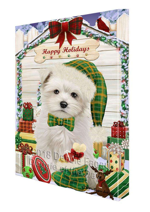 Happy Holidays Christmas Maltese Dog House With Presents Canvas Print Wall Art Décor CVS86165