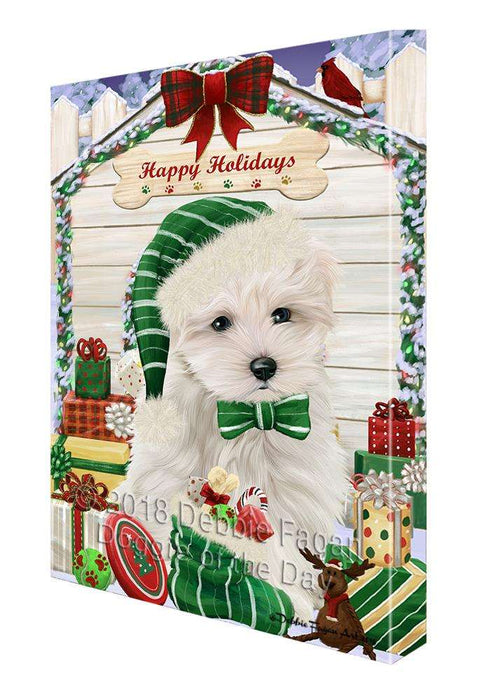 Happy Holidays Christmas Maltese Dog House With Presents Canvas Print Wall Art Décor CVS86174