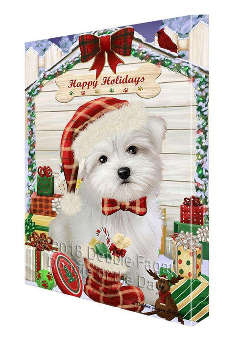 Happy Holidays Christmas Maltese Dog House With Presents Canvas Print Wall Art Décor CVS86183