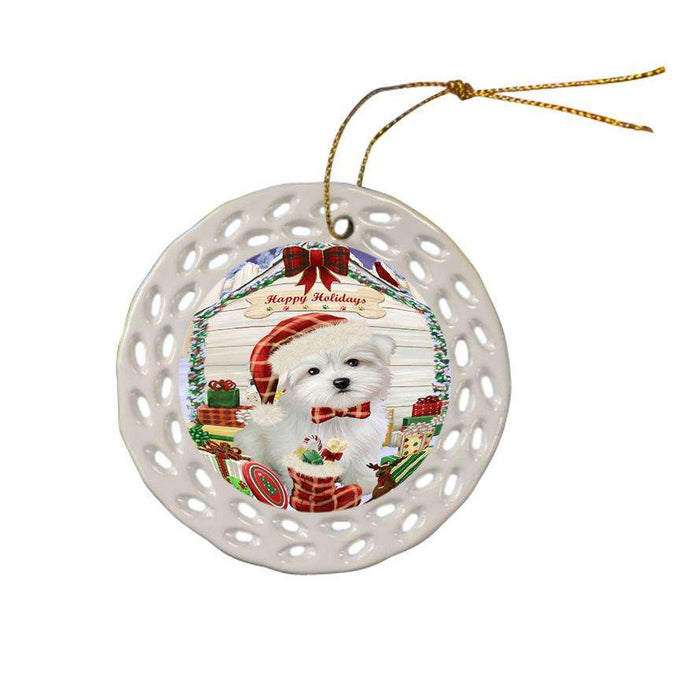 Happy Holidays Christmas Maltese Dog House With Presents Ceramic Doily Ornament DPOR52102
