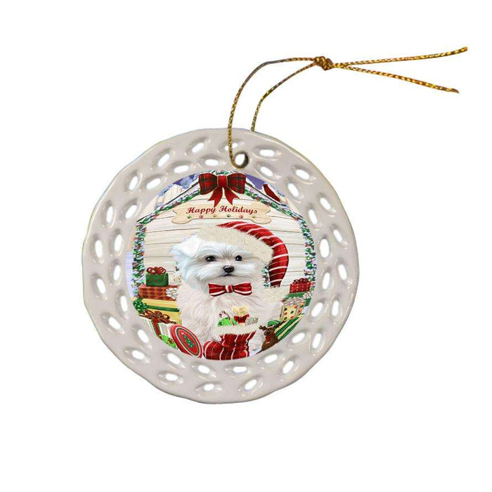 Happy Holidays Christmas Maltese Dog House With Presents Ceramic Doily Ornament DPOR52103