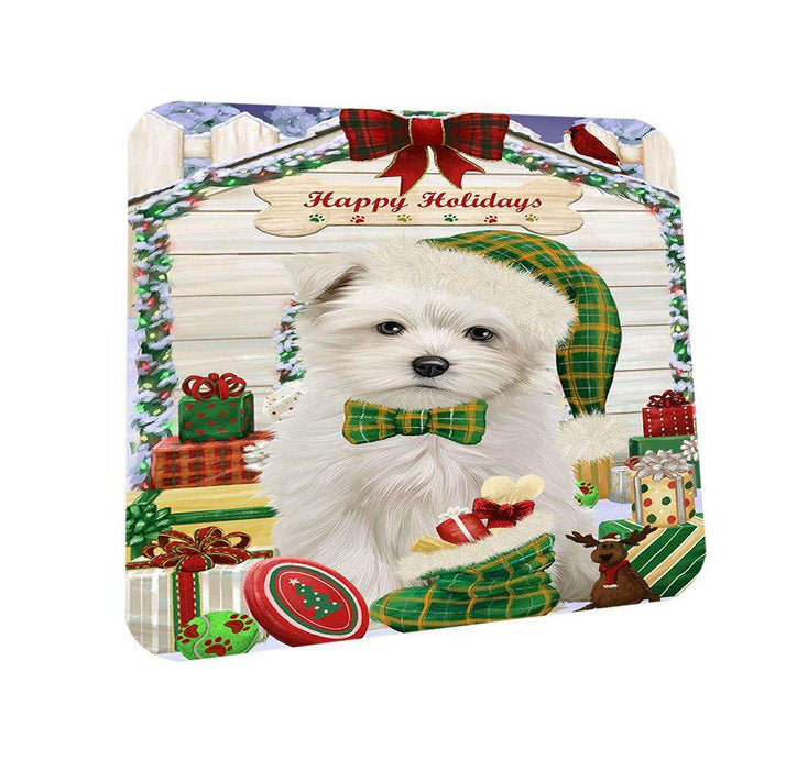 Happy Holidays Christmas Maltese Dog House With Presents Coasters Set of 4 CST52059
