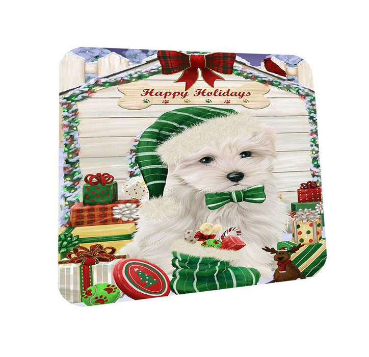 Happy Holidays Christmas Maltese Dog House With Presents Coasters Set of 4 CST52060
